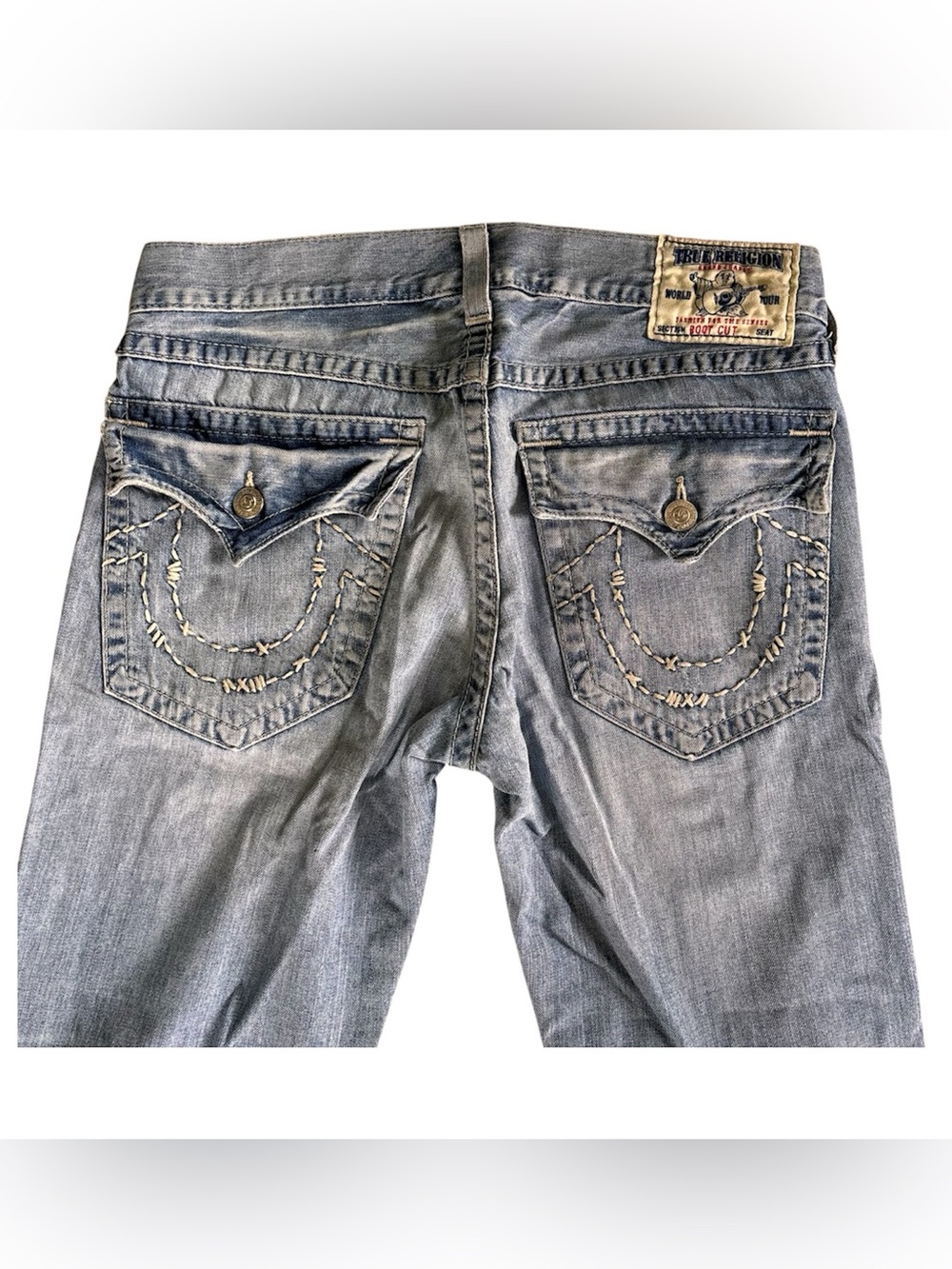 True Religion Men’s Light Gray Bootcut Jeans with Signature Back Pockets